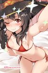  arm_up ass ass_visible_through_thighs bed_sheet bikini black_gloves black_hair blush breasts cameltoe choker commentary_request embarrassed gloves kono_subarashii_sekai_ni_shukufuku_wo! megumin one_eye_closed reaching_out red_bikini red_eyes self_shot sheet_grab short_hair side-tie_bikini small_breasts solo sparkle string_bikini super_zombie sweat swimsuit thong_bikini wavy_mouth 