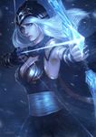  aiming armpits arrow artist_name ashe_(league_of_legends) blue_background blue_eyes bow_(weapon) breasts cleavage drawing_bow glowing glowing_weapon highres holding holding_arrow holding_bow_(weapon) holding_weapon hood league_of_legends md5_mismatch medium_breasts outstretched_arm raikoart snow solo weapon white_hair 