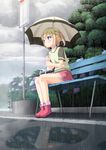  bench blue_eyes blush boots bus_stop commentary_request flower full_body hair_ribbon highres hydrangea original outdoors rain ribbon short_hair sign sitting skirt solo twintails umbrella yoruda 