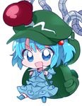  :d backpack bag blue_eyes blue_hair chibi hair_bobbles hair_ornament hat kawashiro_nitori mechanical_arm open_mouth six_(fnrptal1010) smile solo touhou two_side_up v-shaped_eyebrows 