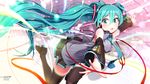  aqua_eyes aqua_hair black_footwear black_legwear boots commentary_request detached_sleeves hatsune_miku highres long_hair necktie open_mouth outstretched_arms pemu skirt solo tears thigh_boots thighhighs twintails very_long_hair vocaloid zettai_ryouiki 