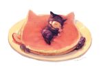  1boy artist_name blueberry blush broken broken_chain brown_hair candy chain chains danganronpa eyes_closed food fruit hat horned_headwear hoshi_ryouma jacket leather leather_jacket lying male_focus manino_(mofuritaionaka) new_danganronpa_v3 on_side pancake pants plate purple_hat shoes sleeping solo strawberry striped striped_pants sweets white_background 
