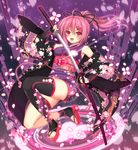  cherry_blossoms eyebrows_visible_through_hair fingerless_gloves gloves hair_ornament hair_ribbon hairclip japanese_clothes katana long_hair mashu_003 original pink_eyes pink_hair ponytail ribbon sheath solo sword thighhighs unsheathing weapon 