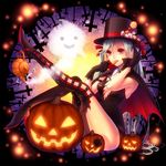  blue_hair candy cape food food_as_clothes gloves halloween hat highres jack-o'-lantern kayu licking lollipop long_hair original pumpkin red_eyes shaped_lollipop solo thighhighs twintails 