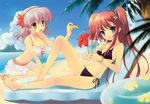  :d absurdres barefoot beach bikini bikini_skirt blue_eyes breasts brown_hair chair cleavage cloud collaboration dango drink drinking_straw feeding flower food food_in_mouth frilled_bikini frills front-tie_top hair_flower hair_ornament hibiscus highres inflatable_chair innertube itou_noiji kneeling large_breasts leaning_back long_hair long_legs looking_at_viewer lounge_chair multiple_girls nanao_naru navel ocean open_mouth original palm_tree pink_bikini pink_hair purple_bikini red_eyes scan short_hair side-tie_bikini sitting sky small_breasts smile swimsuit toes tree twintails wagashi water 