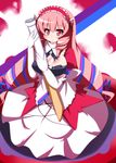  breasts cleavage dororich elbow_gloves gloves hairband highres large_breasts long_hair maid oborotsuki_kakeru original red_eyes red_hair ribbon solo 