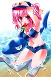  absurdres bikini_top blush breasts cleavage copyright_request food hat highres imu_sanjo medium_breasts mouth_hold pink_eyes pink_hair popsicle shorts solo swimsuit watermelon_bar wet 