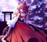  alternate_costume bad_id bad_pixiv_id bow brown_eyes brown_hair choker detached_sleeves dress expressionless frills gathers gohei hair_bow hakurei_reimu highres light_particles red_choker red_dress riichu solo torii touhou 