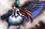  adapted_costume arm_cannon bad_id bad_pixiv_id black_wings bow brown_hair bryanth cape expressionless eyes green_bow hair_bow highres large_wings long_hair red_eyes reiuji_utsuho solo touhou weapon wings 