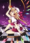  apple bad_hands bad_id bad_pixiv_id blonde_hair checkered checkered_floor flandre_scarlet food fruit highres holding holding_food holding_fruit honey masaru.jp no_shoes one_side_up perspective pink_eyes short_hair socks solo tongue touhou wings 
