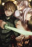  2boys absurdres blurry brown_hair bunbun character_request eyepatch green_eyes highres kurokawa_jou long_hair multiple_boys open_mouth short_hair sword weapon white_hair zoa_hunter 