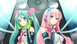  aqua_eyes aqua_hair aqua_nails bare_shoulders blue_eyes breasts chin_grab fingerless_gloves gloves graphite_(medium) hands_on_headphones hatsune_miku headphones headset highres hijiki_(hijikini) lips long_hair medium_breasts megurine_luka mixed_media multiple_girls nail_polish necktie neon_trim pink_hair speaker traditional_media twintails underboob vocaloid 