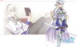  armor blonde_hair blue_eyes book boots breastplate breasts celia_kumani_entory crossed_legs drill_hair gauntlets greaves helmet highres komori_kei lance large_breasts long_hair pantyhose polearm school_uniform sitting twin_drills twintails vambraces visor_(armor) walkure_romanze wallpaper weapon 