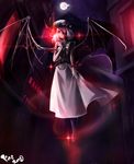  absurdres barefoot bat_wings floating glowing glowing_eyes hat highres koenigsegg moon red_eyes remilia_scarlet short_hair solo torn_wings touhou wings 