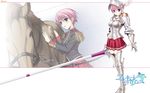  armor blue_eyes breastplate gauntlets greaves helmet highres horse kisaki_mio komori_kei lance pink_hair pleated_skirt polearm school_uniform skirt vambraces visor_(armor) walkure_romanze wallpaper weapon 