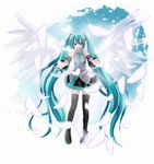  angel_wings boots detached_sleeves feathers green_eyes green_hair hatsune_miku highres kiriya_haruhito long_hair necktie solo thigh_boots thighhighs twintails very_long_hair vocaloid wings zettai_ryouiki 