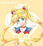  absurdres bishoujo_senshi_sailor_moon blonde_hair blue_eyes blue_sailor_collar bow character_name choker double_bun hair_ornament hairpin highres lan_sing long_hair looking_at_viewer magical_girl red_bow red_choker sailor_collar sailor_moon sailor_senshi_uniform signature smile solo super_sailor_moon tiara tsukino_usagi twintails upper_body yellow_background 