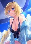  1girl bare_shoulders bikini_top black_bikini_top black_hairband blonde_hair blue_eyes blue_sky braid breasts cleavage cloud day eyebrows_visible_through_hair fate/grand_order fate_(series) flag hair_between_eyes hairband highres jeanne_d&#039;arc_(fate)_(all) jeanne_d&#039;arc_(swimsuit_archer) kuune_(muttey-myg) large_breasts long_hair long_sleeves looking_at_viewer open_mouth parasol single_braid sky smile solo umbrella 