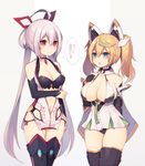  ahoge bare_shoulders blonde_hair blue_eyes blush breast_envy breasts cleavage gene_(pso2) innocent_cluster large_breasts matoi_(pso2) multicolored_hair multiple_girls muryotaro phantasy_star phantasy_star_online_2 red_eyes translated twintails two-tone_hair white_hair 