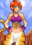  animal_ears breasts breath_of_fire breath_of_fire_ii bustier cat_ears cat_tail facial_mark furry gloves green_eyes medium_breasts no_panties no_pants orange_hair pointy_ears red_hair rinpoo_chuan short_hair solo tail tare_(hiden_no_tare) 