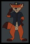  animal_genitalia anthro balls barefoot border bottomless clothed clothing digital_media_(artwork) disney flat_colors grin hand_on_hip looking_at_viewer male naughty_face navel necktie nick_wilde open_shirt penis police_uniform rotten_robbie sheath standing uniform zootopia 
