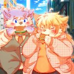  anthro ayumu blue_eyes blush burger canine cat city clothed clothing duo eating eyes_closed fangs feline food gitly mammal mao obese open_mouth outside overweight overweight_male smile standing teeth tongue tsurugi wolf 