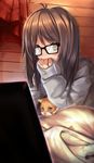  1girl ahoge animal brown_hair cat dreamlight2000 eyebrows female fringe glasses green_eyes indoors long_sleeves looking_at_viewer medium_hair monitor original reflection solo 