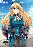  aqua_eyes atago_(kantai_collection) beach beret black_gloves black_legwear blonde_hair blush breasts commentary_request cowboy_shot day gloves hai_ookami hat highres kantai_collection large_breasts long_hair machinery military military_uniform pantyhose smile solo uniform 