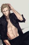  1boy animal_print brown_hair final_fantasy final_fantasy_xv glasses hair_slicked_back hand_in_hair ignis_scientia leopard_print mad369 male_focus muscle open_clothes open_shirt solo 