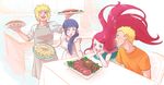  2girls :d apron black_hair blonde_hair blue_eyes blush family father_and_son floating_hair food hair_ornament hairclip husband_and_wife hyuuga_hinata lavender_eyes long_hair mother_and_son multiple_boys multiple_girls namikaze_minato naruto naruto_(series) open_mouth plate red_hair risuo smile spiked_hair table time_paradox tray uzumaki_kushina uzumaki_naruto very_long_hair whisker_markings 