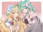  armor artemis_(p&amp;d) bare_shoulders blonde_hair freyja_(p&amp;d) green_eyes green_hair hair_ornament jewelry long_hair multiple_girls open_mouth puzzle_&amp;_dragons smile tono 