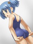  1girl :o adjusting_swimsuit ass awa bare_arms bare_legs bare_shoulders blue_eyes blue_hair blush cameltoe eyebrows eyebrows_visible_through_hair legs looking_back naganohara_mio nichijou parted_lips simple_background sleeveless solo standing swimsuit thighs twintails 