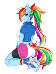  2016 absurd_res alpha_channel angry anthro anthrofied big_breasts blue_fur blush breasts clothed clothing female footwear friendship_is_magic fur hair hi_res kneeling legwear long_hair looking_at_viewer looking_back multicolored_hair my_little_pony pink_eyes rainbow_dash_(mlp) rainbow_hair shoes skirt slyblue7 socks solo thick_thighs 