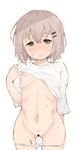  absurdres blush breasts brown_hair censored green_eyes hair_ornament hairclip highres looking_at_viewer navel nekopantsu_(blt) nipples no_pants one_breast_out panties panty_pull pussy pussy_juice pussy_juice_stain pussy_juice_trail shirt_lift short_hair small_breasts smile solo sweatdrop underwear yama_no_susume yukimura_aoi 