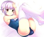  brown_eyes hair_ornament hairclip idolmaster idolmaster_cinderella_girls koshimizu_sachiko neuron_(exceed) one-piece_swimsuit purple_hair school_swimsuit short_hair smile solo swimsuit thighhighs white_legwear 