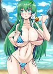  american_flag_bikini ass_visible_through_thighs bare_shoulders bikini blurry blush bottle breasts cleavage collarbone commentary_request contrapposto cowboy_shot depth_of_field flag_print frog_hair_ornament green_eyes green_hair hai_ookami hair_ornament hair_tubes kochiya_sanae large_breasts long_hair looking_at_viewer lotion lotion_bottle navel panties side-tie_panties skindentation smile snake_hair_ornament solo standing swimsuit touhou underwear 