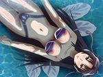  1girl awa bare_arms bare_legs bare_shoulders bikini black_eyes black_hair blush breasts collarbone floating kazehana large_breasts legs long_hair looking_at_viewer mound_of_venus navel nipple_slip nipples pool sekirei smile solo strapless thighs thong water wet 