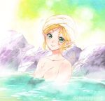 1girl blonde_hair breasts cleavage collarbone eyebrows_visible_through_hair green_eyes looking_at_viewer medium_breasts nintendo onsen outdoors partially_submerged pointy_ears princess_zelda rock short_hair shuri_(84k) sitting smile solo steam sweat the_legend_of_zelda the_legend_of_zelda:_breath_of_the_wild thick_eyebrows topless towel towel_on_head twitter_username 