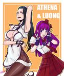  asamiya_athena black_eyes black_hair blush bow breasts cleavage cleavage_cutout dress earrings fingerless_gloves gloves hair_bow hair_ornament hairband jewelry large_breasts lipstick long_hair looking_at_viewer luong makeup medium_breasts mole mole_under_eye multiple_girls open_mouth pantyhose purple_eyes purple_hair red_hairband school_uniform serafuku signature skirt smile star star_hair_ornament the_king_of_fighters the_king_of_fighters_xiv thighhighs v wallace_pires 