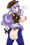  ass bangs bikini blue_hair blunt_bangs blush breasts brown_gloves commentary_request cowboy_hat cowboy_shot finger_gun fingerless_gloves foreshortening fringe_trim gloves hairband hat idolmaster idolmaster_(classic) large_breasts long_hair looking_at_viewer looking_back low_ponytail miyashiro_sousuke purple_eyes shijou_takane sideboob smile solo swimsuit thong_bikini underwear vest whip white_background 