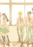  3boys black_hair blonde_hair blue_eyes closed_eyes facial_mark hands_in_pockets haruno_sakura hyuuga_hinata inuzuka_kiba long_hair multiple_boys multiple_girls nara_shikamaru naruto naruto_(series) naruto_shippuuden necktie pink_hair pleated_skirt risuo school_uniform shoes short_hair skirt sneakers spiked_hair thighhighs uzumaki_naruto whisker_markings window 