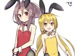  amano_kouki animal_ears bare_shoulders blonde_hair bow bowtie brown_eyes bunny_ears bunny_girl bunny_tail bunnysuit detached_collar fake_animal_ears flat_chest hair_between_eyes kantai_collection leotard light_brown_hair long_hair looking_at_viewer low_twintails multiple_girls open_mouth pantyhose ponytail red_leotard satsuki_(kantai_collection) simple_background smile tail twintails white_background wrist_cuffs yellow_eyes yellow_leotard zuihou_(kantai_collection) 