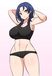  active_raid arms_up black_panties blue_hair blush closed_mouth collarbone cowboy_shot gabayo gradient gradient_background hoshimiya_haruka looking_at_viewer midriff navel panties red_eyes short_hair simple_background smile solo standing stomach taut_clothes toned underwear 