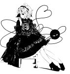  1341398tkrtr 1girl :| ahoge arm_up bangs chair closed_mouth commentary dress expressionless full_body gothic_lolita hair_ornament hairband hand_up head_tilt heart heart-shaped_buttons heart_hair_ornament heart_of_string high_heels highres komeiji_satori lolita_fashion looking_at_viewer monochrome shoes short_hair sitting solo third_eye touhou 