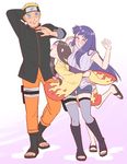  2girls :d black_hair blonde_hair blue_eyes blue_hair blush breasts embarrassed forehead_protector hair_ribbon hand_behind_head hug hug_from_behind hyuuga_hanabi hyuuga_hinata japanese_clothes konohagakure_symbol large_breasts lavender_eyes leg_up long_hair multiple_girls naruto:_the_last naruto_(series) open_mouth open_toe_shoes ribbon risuo sandals shoes shorts siblings sisters smile thigh_strap thighhighs tress_ribbon uzumaki_naruto 