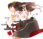  bad_id bad_pixiv_id bare_shoulders brown_hair cannon cowboy_shot dazzle_paint detached_sleeves floating_hair from_side hairband haruna_(kantai_collection) headgear highres japanese_clothes jewelry kantai_collection long_hair long_sleeves machinery manarou nontraditional_miko red_eyes ribbon-trimmed_sleeves ribbon_trim ring serious simple_background skirt solo standing turret white_background wind 