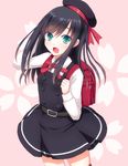  asashio_(kantai_collection) backpack bag black_hair blouse cosplay dress green_eyes hand_behind_head hat kantai_collection kasumi_(kantai_collection) kasumi_(kantai_collection)_(cosplay) long_hair long_sleeves neck_ribbon open_mouth pinafore_dress randoseru red_ribbon remodel_(kantai_collection) ribbon school_uniform smile solo sotogawa_max white_blouse 