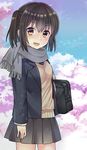  alternate_costume bag bangs black_hair blazer brown_eyes cherry_blossoms day grey_scarf jacket kantai_collection pleated_skirt scarf school_uniform sendai_(kantai_collection) skirt sky smile solo two_side_up yuzuttan 