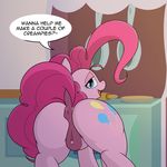  2016 absurd_res anatomically_correct anatomically_correct_pussy animal_genitalia animal_pussy anus butt clitoris cutie_mark dialogue dock earth_pony equine equine_pussy female feral friendship_is_magic hair half-closed_eyes hi_res horse inside kitchen looking_at_viewer looking_back mammal my_little_pony open_mouth pink_hair pinkie_pie_(mlp) pony presenting presenting_hindquarters presenting_pussy pussy quarantinedchaoz raised_tail rear_view rolling_pin solo text 