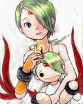  breath_of_fire breath_of_fire_v dress facial_mark green_eyes green_hair hair_over_one_eye inomoto_hiro lowres nina_(breath_of_fire_v) red_wings short_hair solo stuffed_toy tattoo wings 